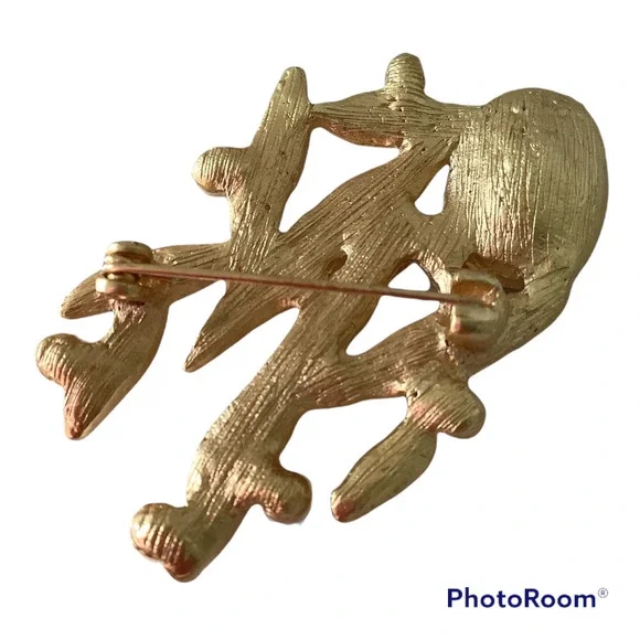 GOLD LEAVES, PEARLS AND CRYSTAL BROOCH - Picture 3 of 6